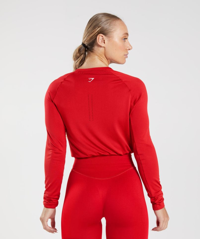 Women's Gymshark Sweat Seamless Long Sleeve Cropped Tops Red | CA 0N6538